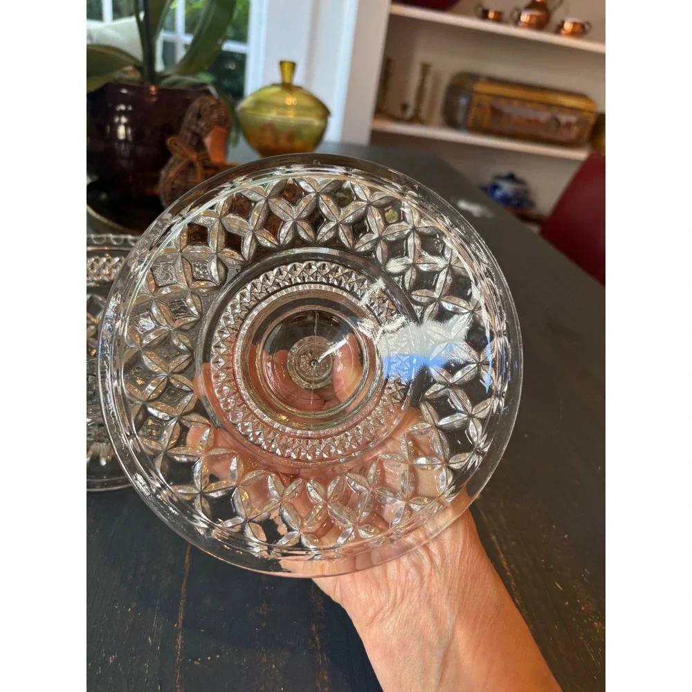 Vintage Clear Pressed Glass Candy Dish with Lid Diamond Point Pedestal Compote